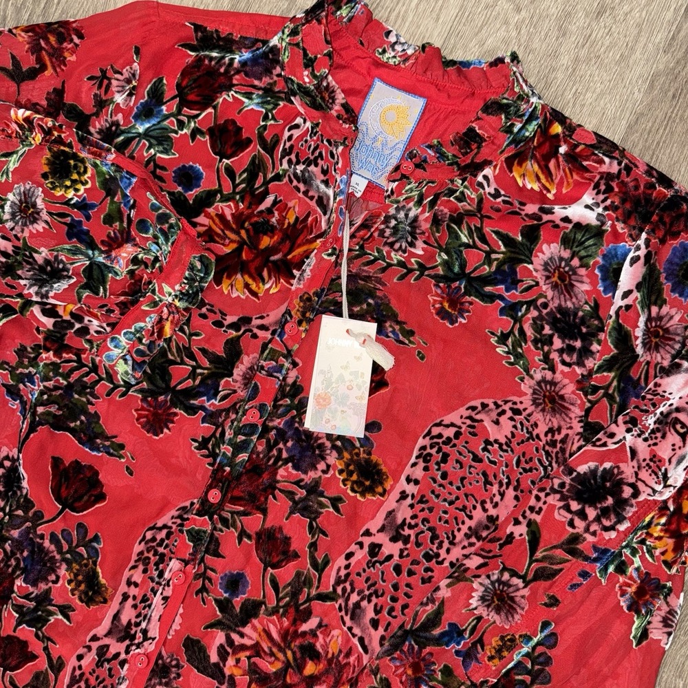 NEW Johnny Was Yoella Burnout Tunic Bobcat Forest Women's XL Red Silk Velvet
